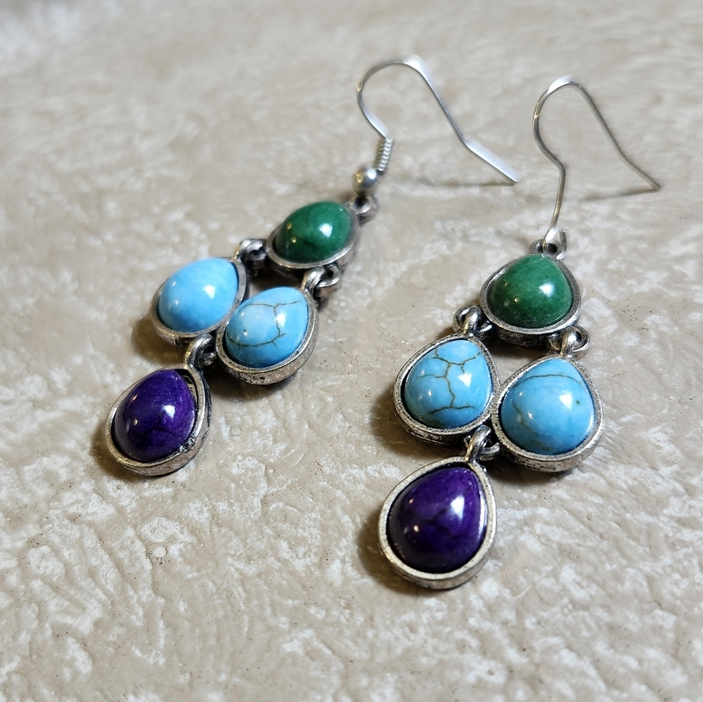 Boho Layered Western Dangling Turquoise Jade Stones Earrings
